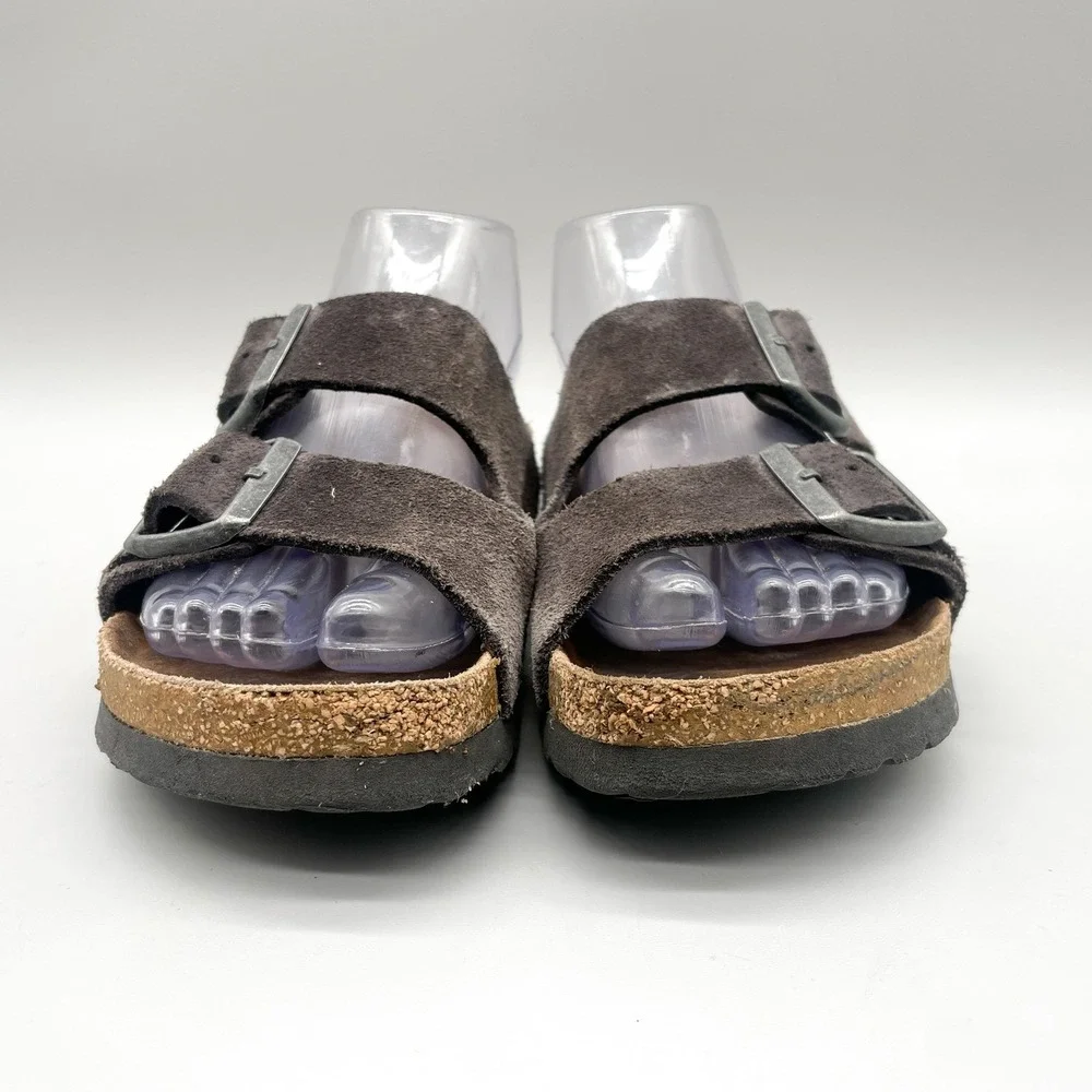 Birkenstock Womens 38 7 Arizona Sandals Mocha Brown Suede Two Strap Slide Boho